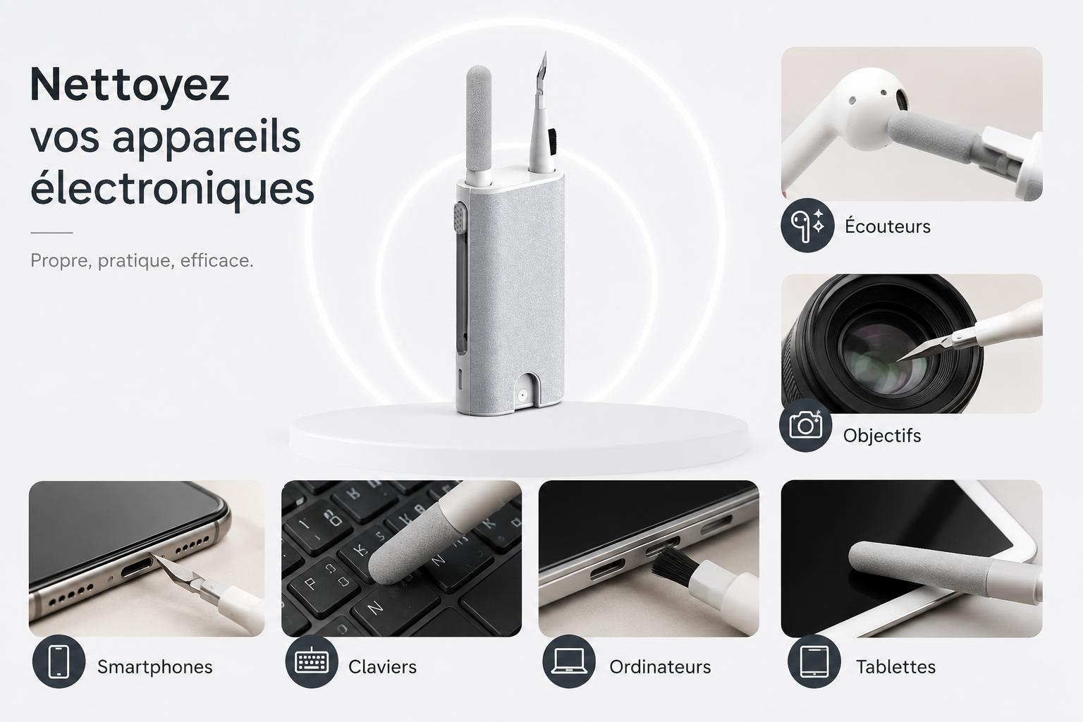 Outils de nettoyage multifonction conçu pour entretenir tous vos appareils électroniques