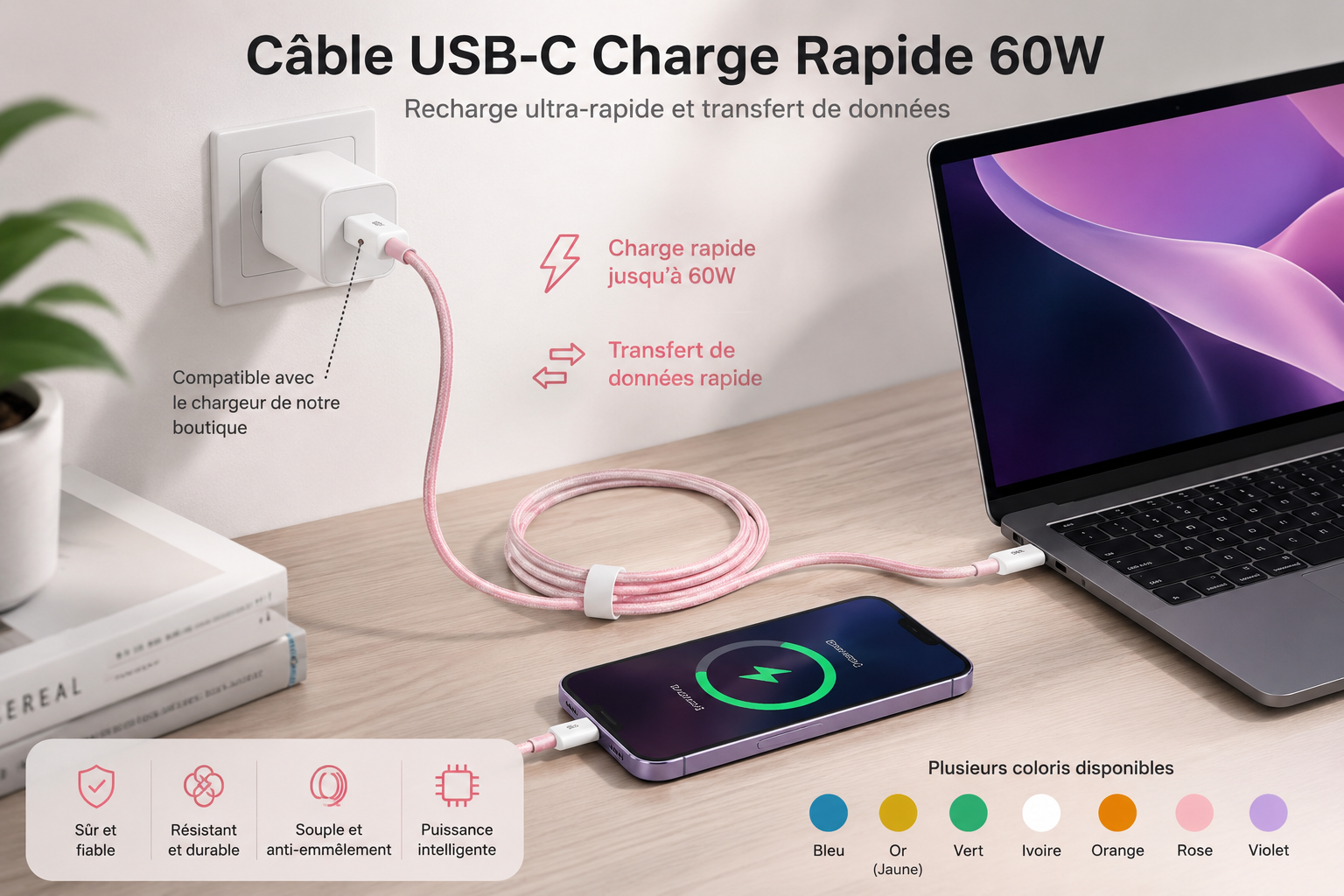 Câble USB-C Charge Rapide 60W